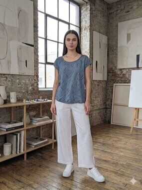 ICHI Graphic Print Short Sleeve Blue Blouse Size M